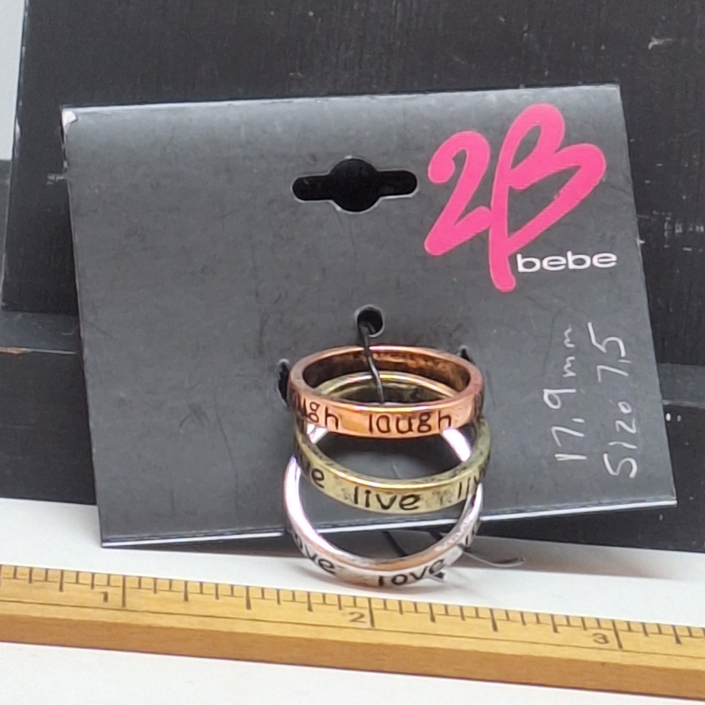 Bebe "Live" "Laugh" & "Love"  Tri-Color Inspirational Ring Set Size 7.5